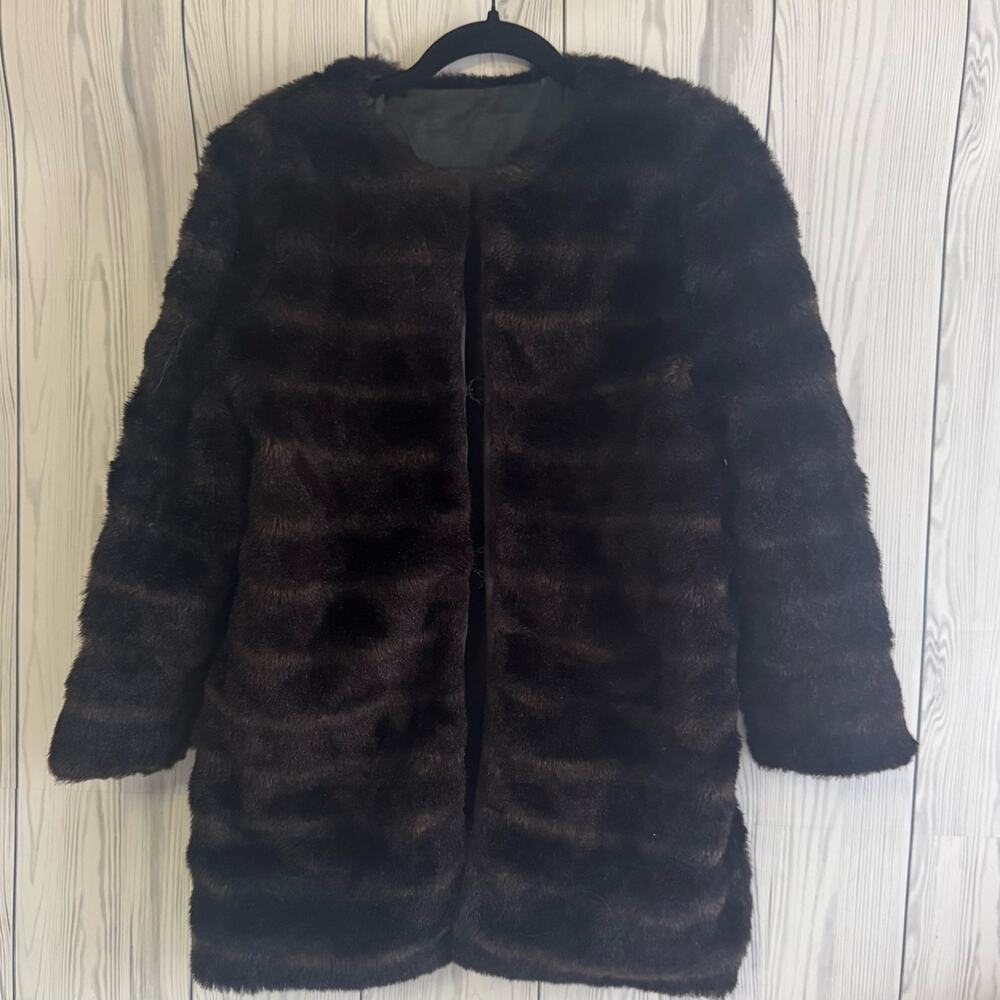 Vintage 60s Striped Brown Faux Fur Fuzzy Winter Coat Jacket Medium Lined Retro